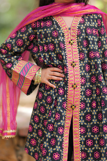 Casual Plus 3 Piece Suit | Cotton Gold Printed & Paist Lawn | Black & Multicolor | KBD-02022